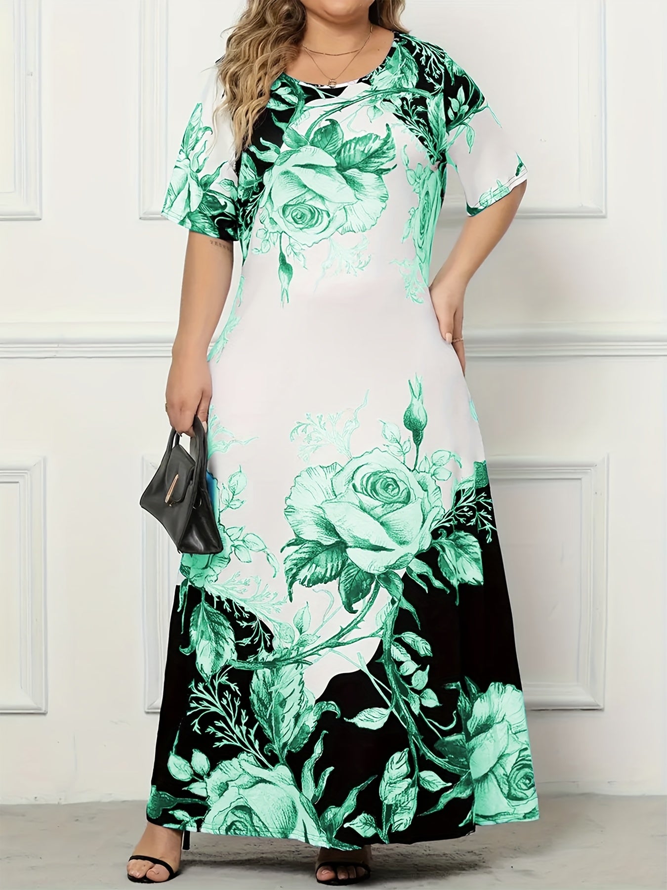Plus Size Floral Print Dress, Elegant Short Sleeve Crew Neck Dress For Spring & Summer, Women's Plus Size Clothing