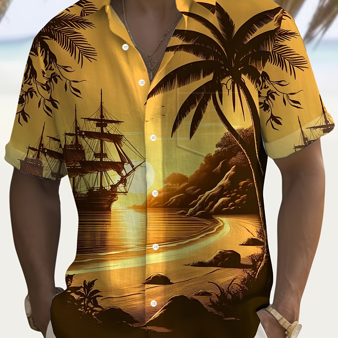 Men'S Hawaiian Sunset Sailboat 3D Digital Print Shirt, Polyester 100%,