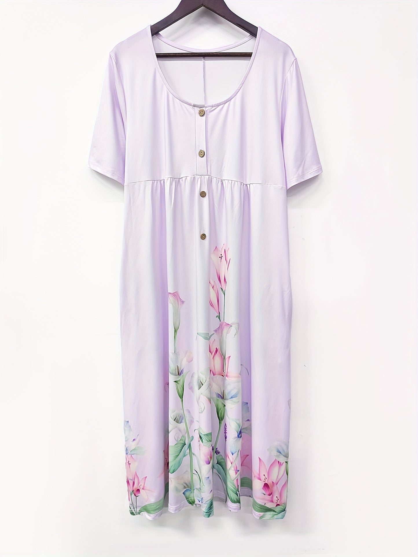 Women'S Plus Size Floral Print Tunic Dress,Vacation Style, Big-Tall Silhouette, Midi Length, Half Placket Button Detail