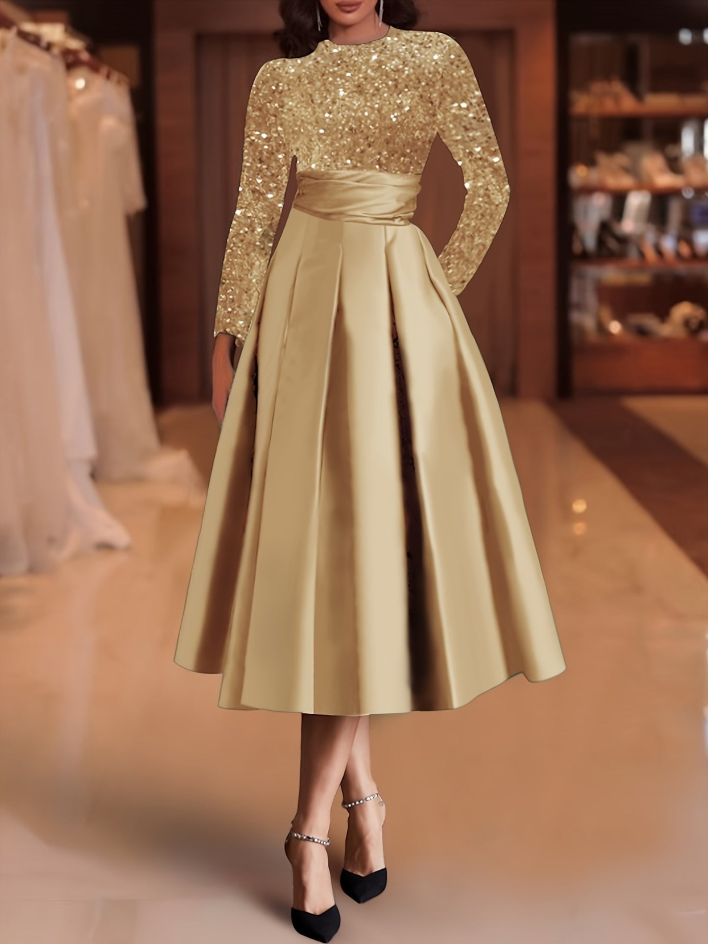 Elegant Satin Midi Dress for Women, Velvet