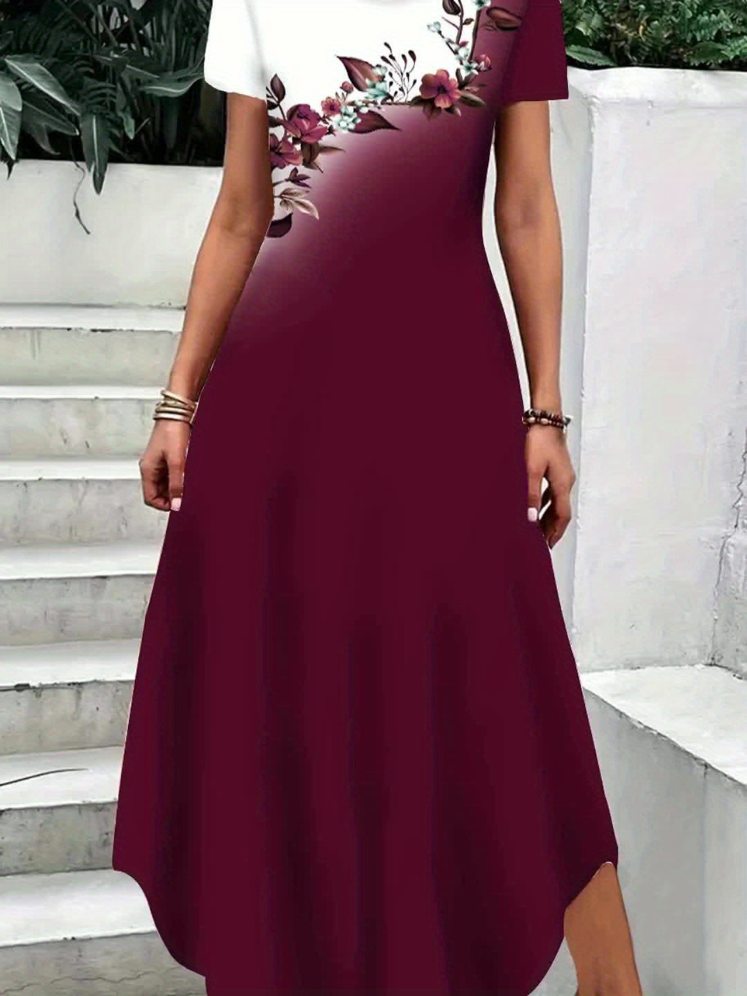 Floral Print Color Block Dress, Elegant Crew Neck Short Sleeve
