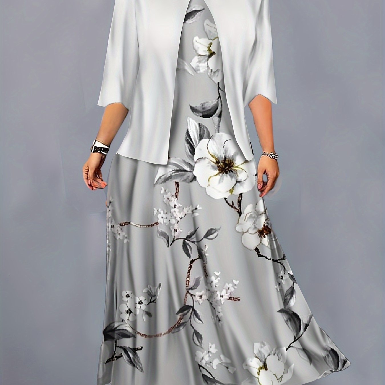 Ladies fake two piece short sleeve round neck printed dress