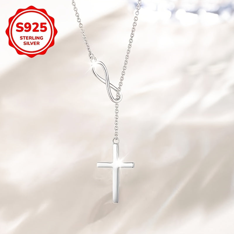 Luxurious S925 Pure Sterling Silvery Infinity Lucky 8 Cross Pendant Necklace