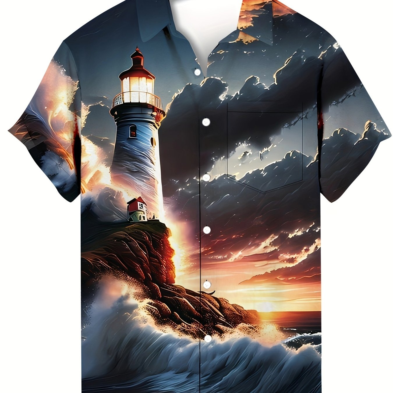 Plus Size Men's Lighthouse & Sunset Graphic Print Shirt For Summer Holiday, Hawaiian Style Short Sleeve Shirt For Big & Tall Males