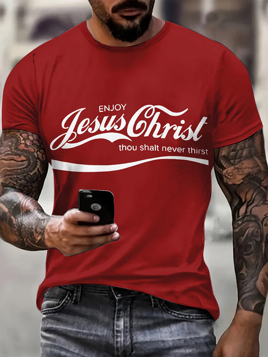 Men's Casual Crew Neck Polyester T-Shirt with Jesus Christ Graphic, Regular