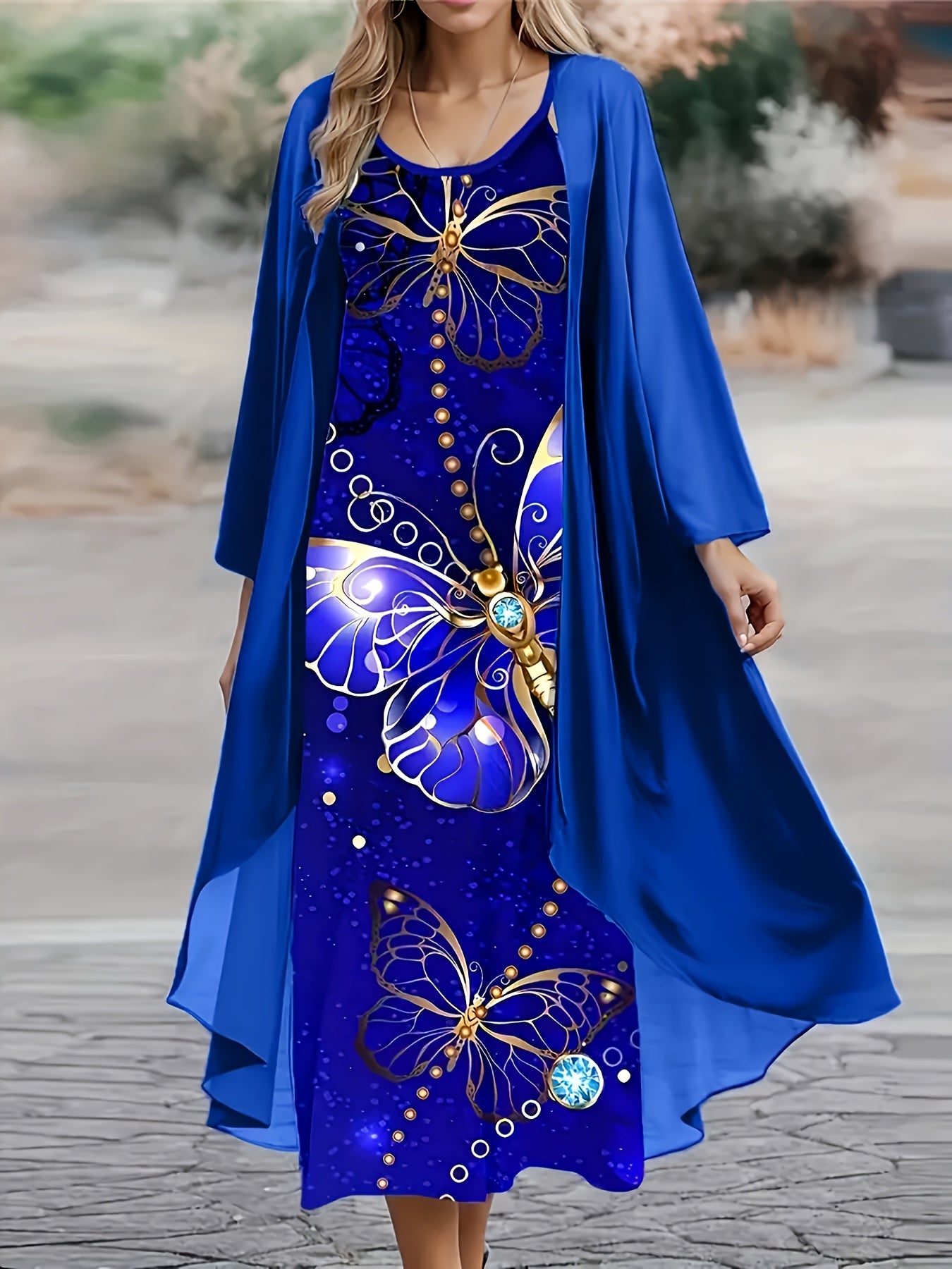 Fashion Women's V-neck Dress Set, Casual Butterfly Print Dress