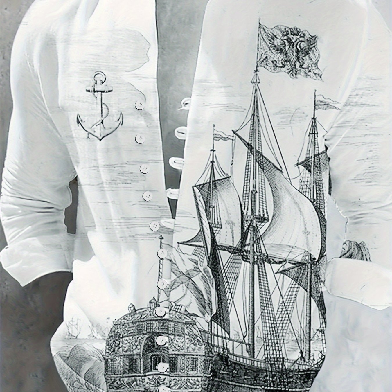 Men'S Casual Nautical Cruise Print Shirt, 100% Polyester, Loose Fit,