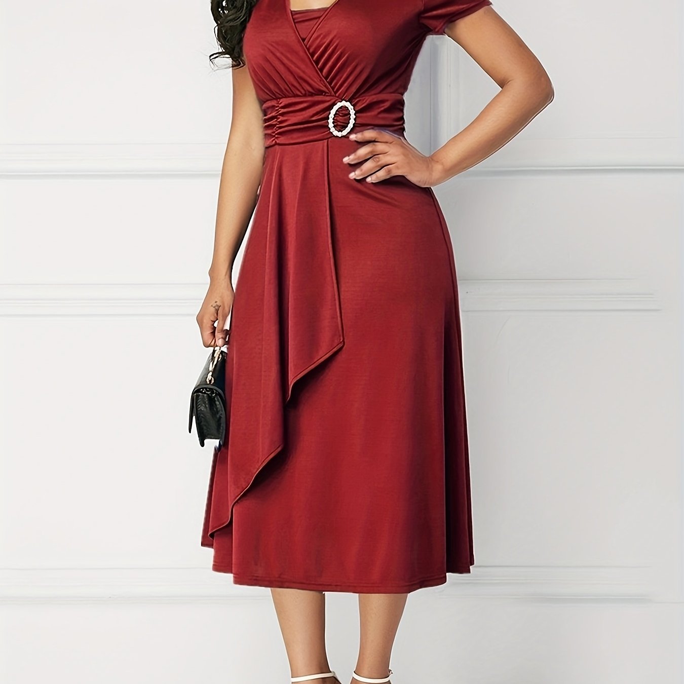 Plus Size Casual Midi Dress, Polyester V-Neck with Short