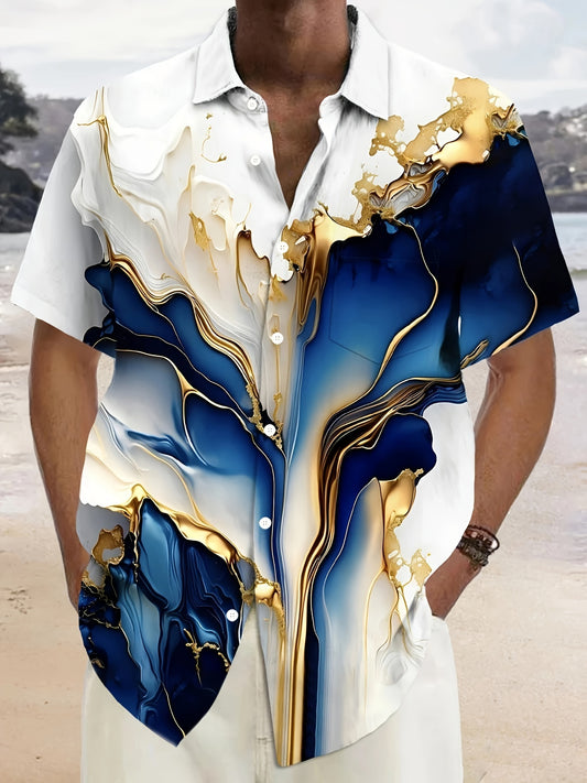 Men's Plus Size Vintage Abstract Gradient 3D Print Button Pocket Short Sleeve Shirt, Regular Fit, Summer Wear