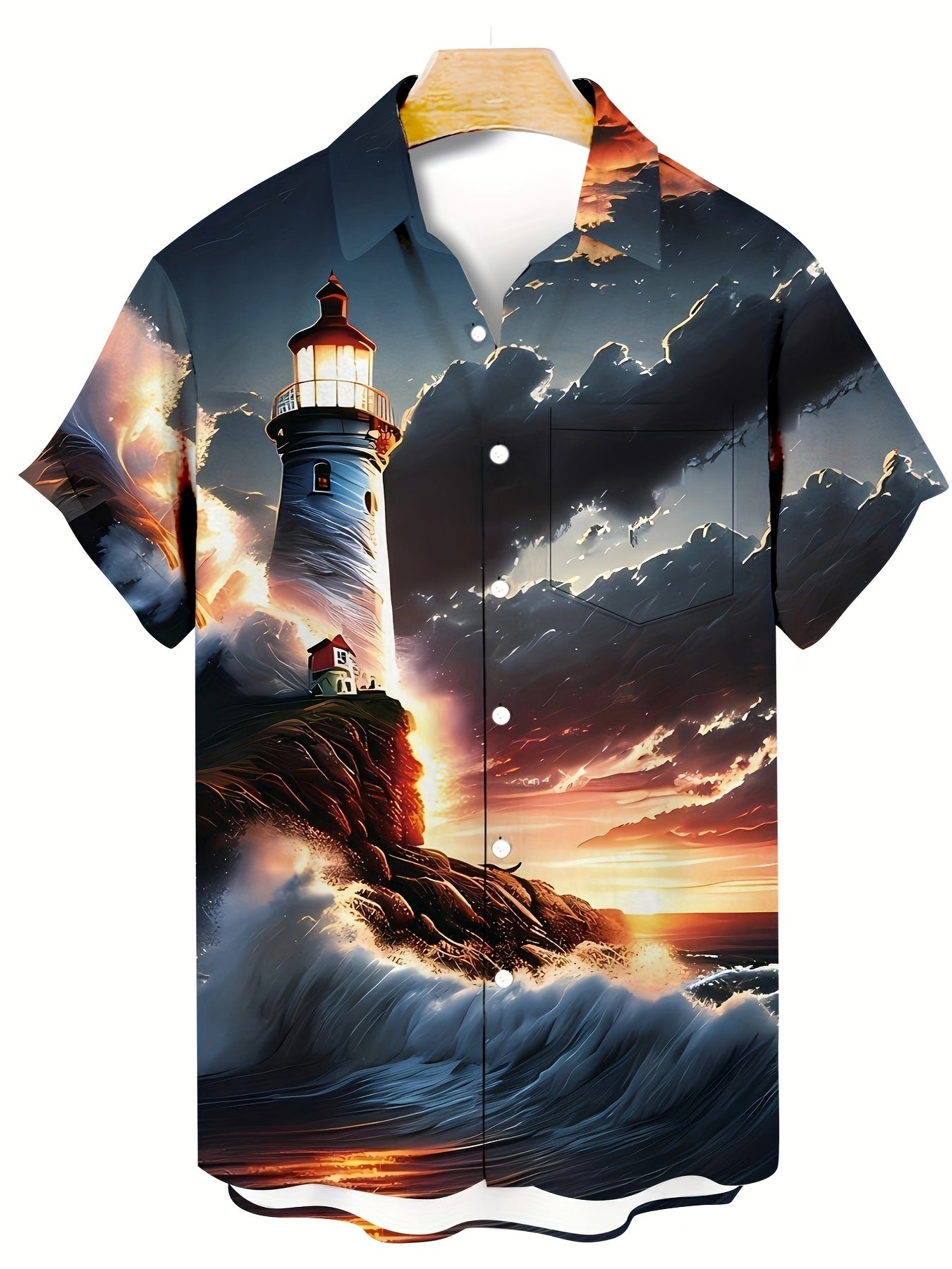 Plus Size Men's Lighthouse & Sunset Graphic Print Shirt For Summer Holiday, Hawaiian Style Short Sleeve Shirt For Big & Tall Males