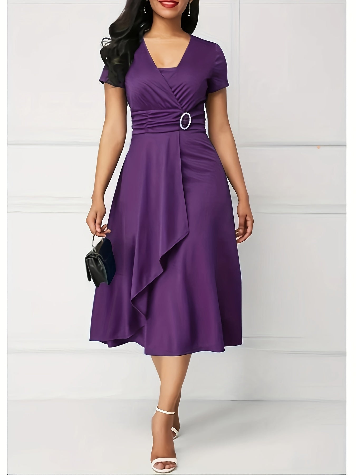 Plus Size Casual Midi Dress, Polyester V-Neck with Short