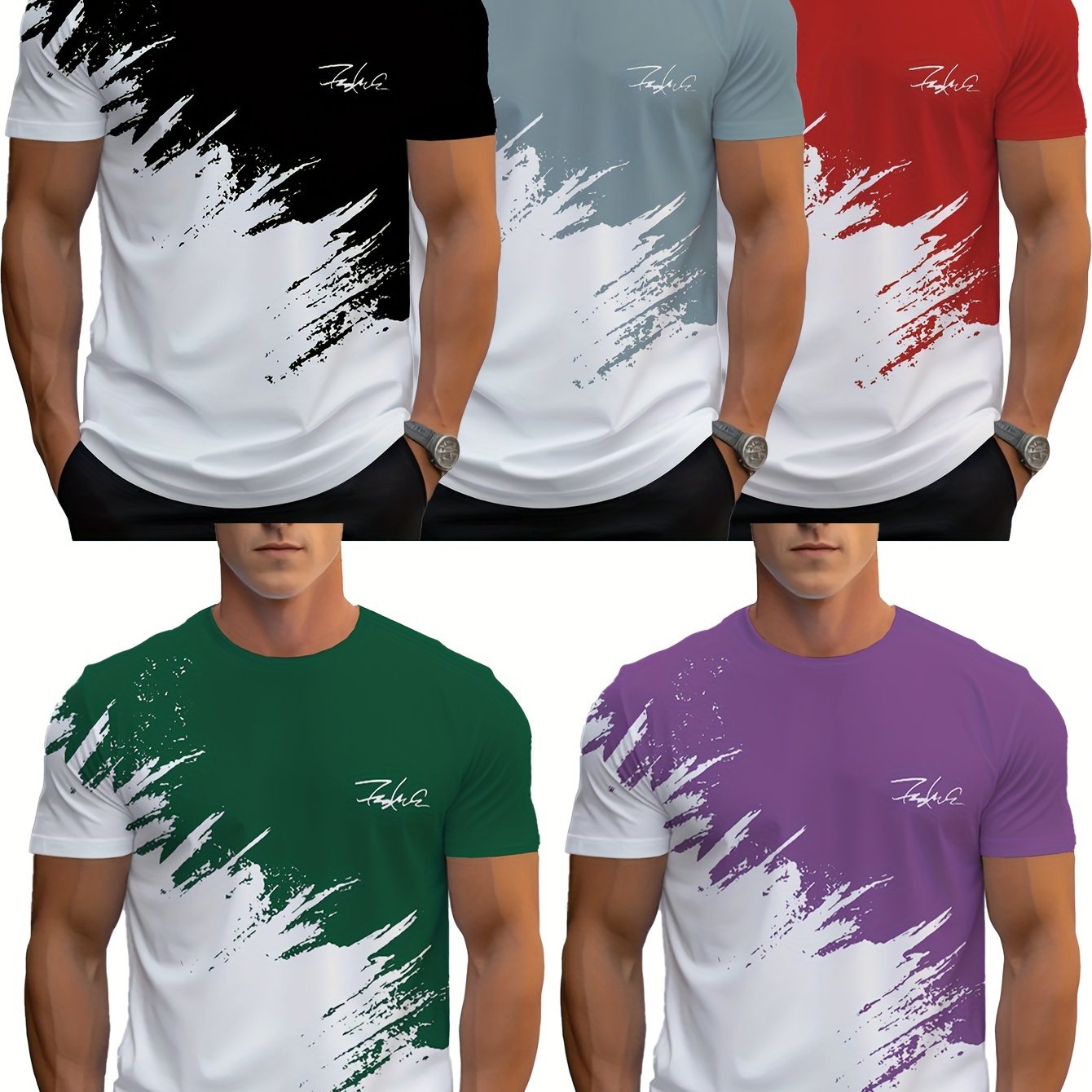Men's Casual 5pcs Short Sleeve T-Shirts - 3D Gradient Print, Round Neck