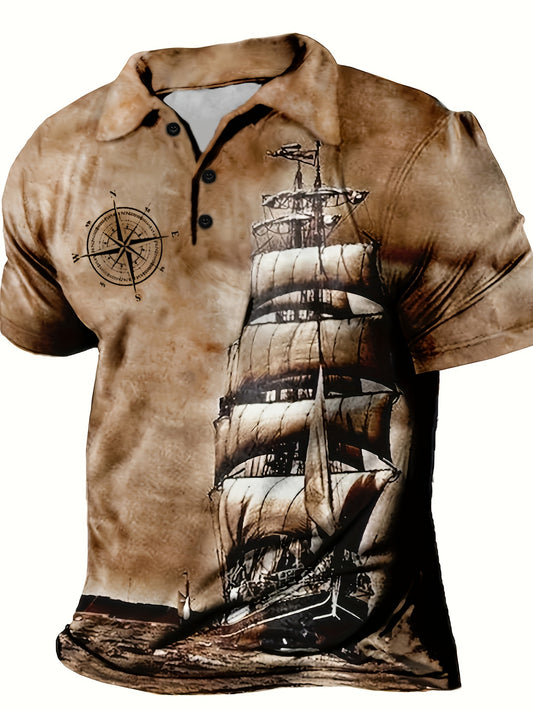 Men's Vintage Nautical Sailboat Print Shirt - Casual Button-Up, Short Sleeve, Polyester