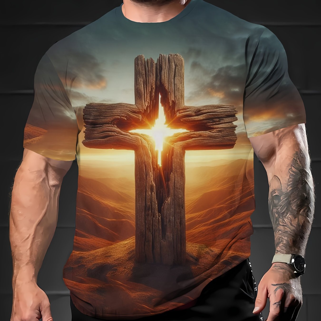 Men's Casual Cross Print T-Shirt - Short Sleeve, Round Neck,