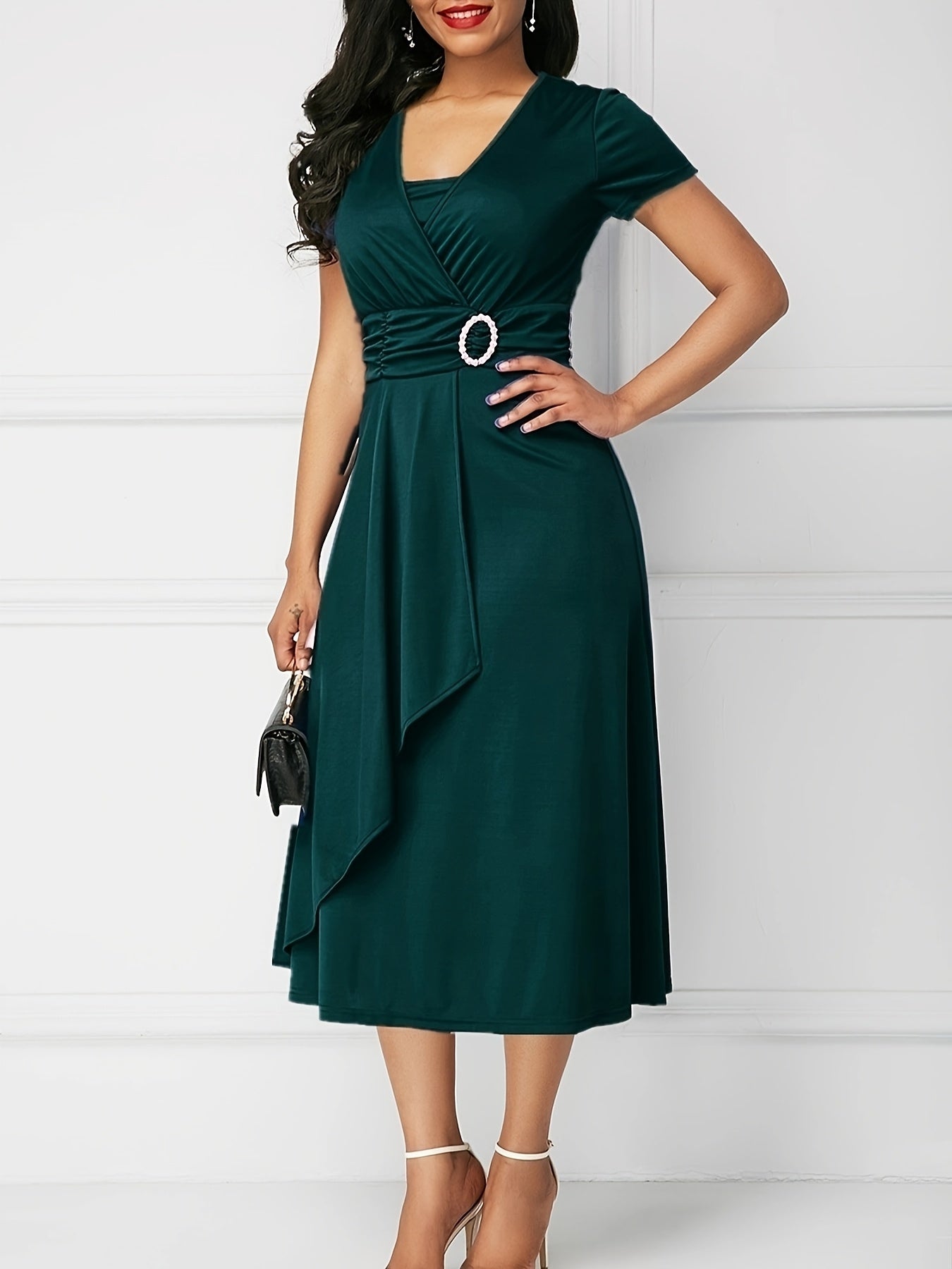 Plus Size Casual Midi Dress, Polyester V-Neck with Short