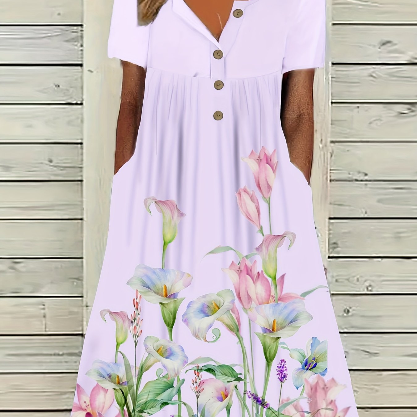 Women'S Plus Size Floral Print Tunic Dress,Vacation Style, Big-Tall Silhouette, Midi Length, Half Placket Button Detail