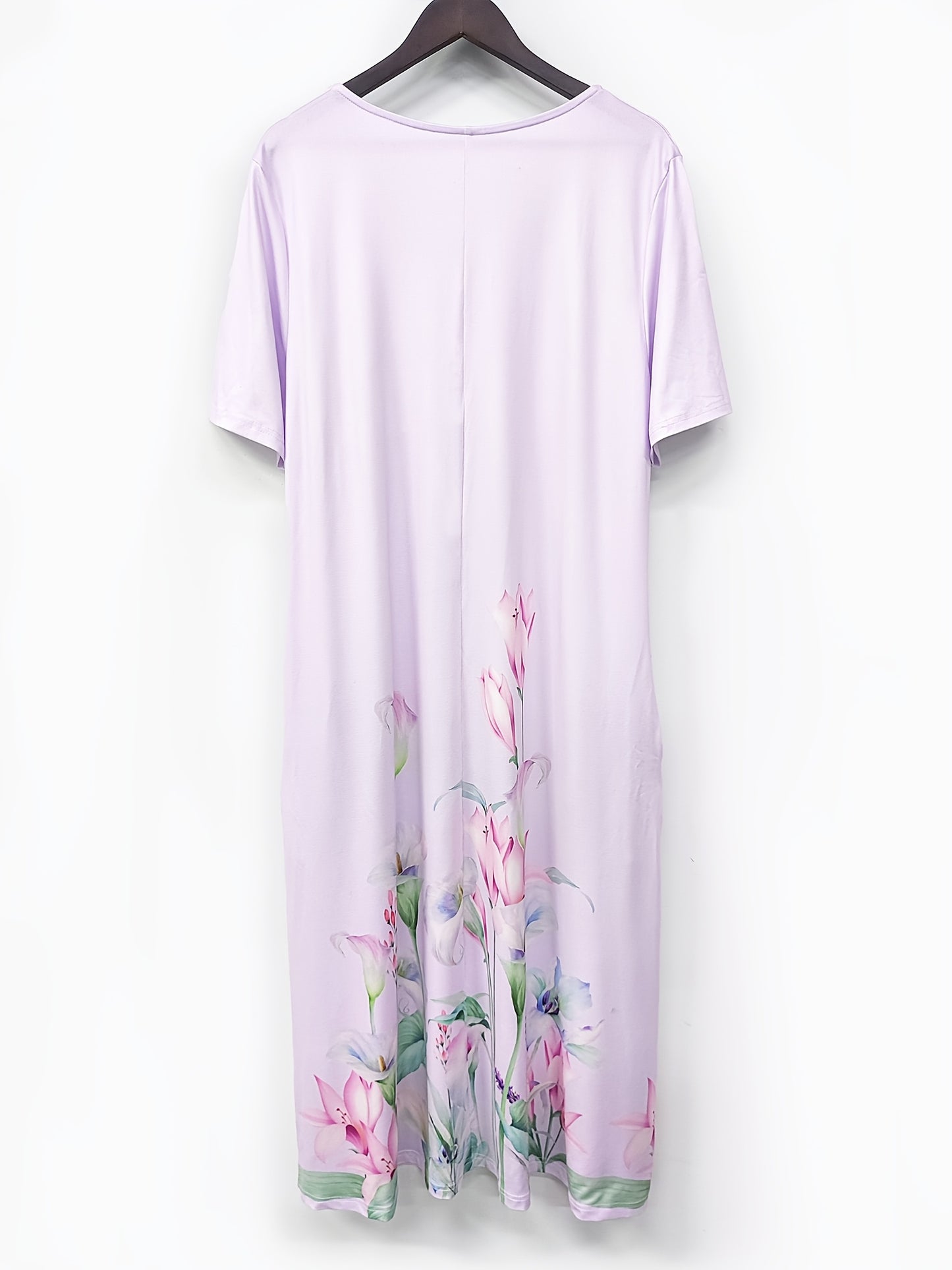 Women'S Plus Size Floral Print Tunic Dress,Vacation Style, Big-Tall Silhouette, Midi Length, Half Placket Button Detail
