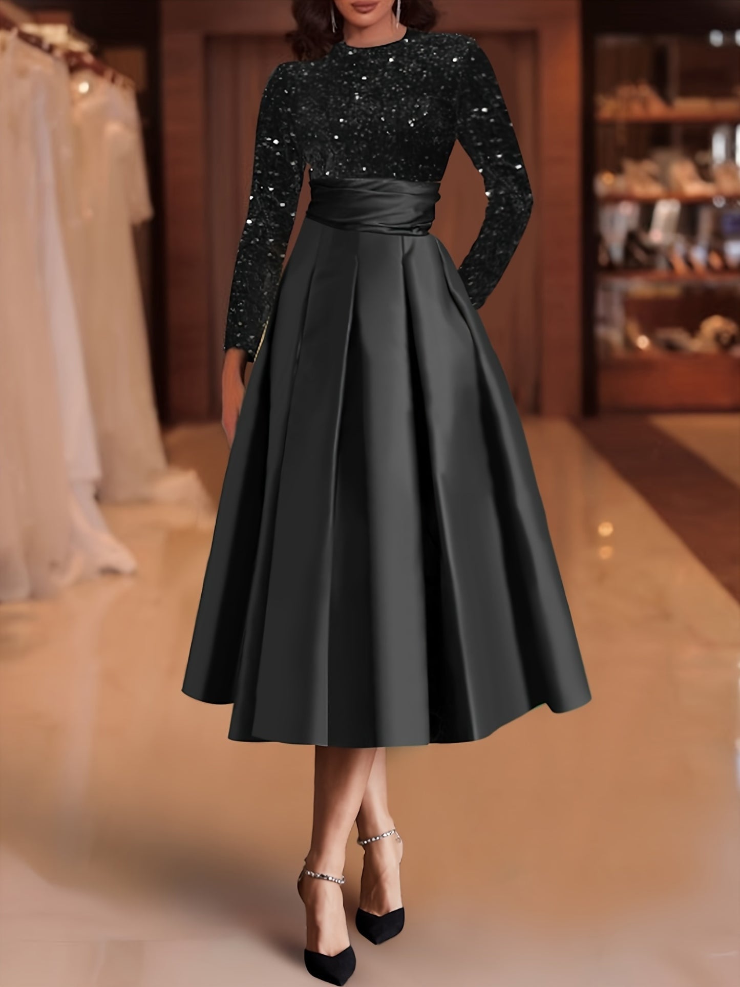 Elegant Satin Midi Dress for Women, Velvet