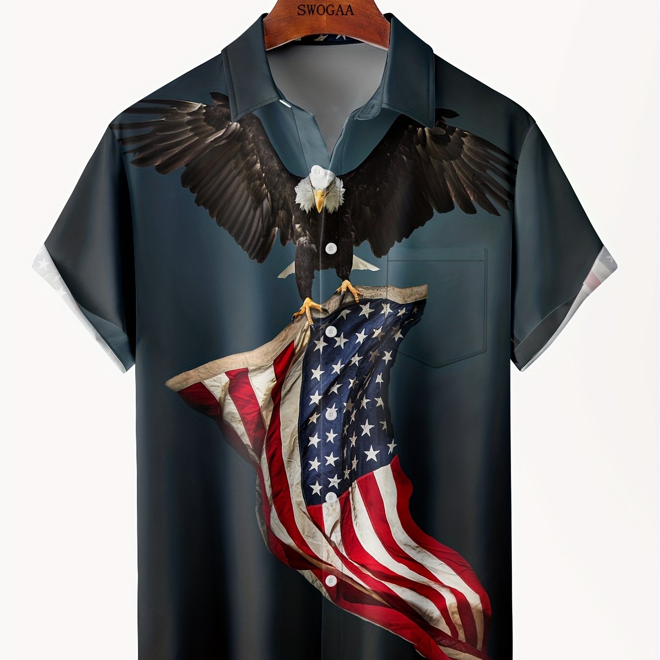 Men's 3D American Flag & Eagle Graphic Print Shirt For Summer, Hawaiian Style Short Sleeve Beach Shirt For Big & Tall Guys, Plus Size