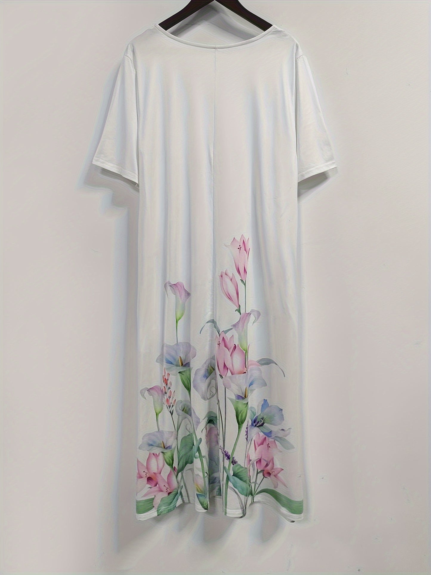 Women'S Plus Size Floral Print Tunic Dress,Vacation Style, Big-Tall Silhouette, Midi Length, Half Placket Button Detail