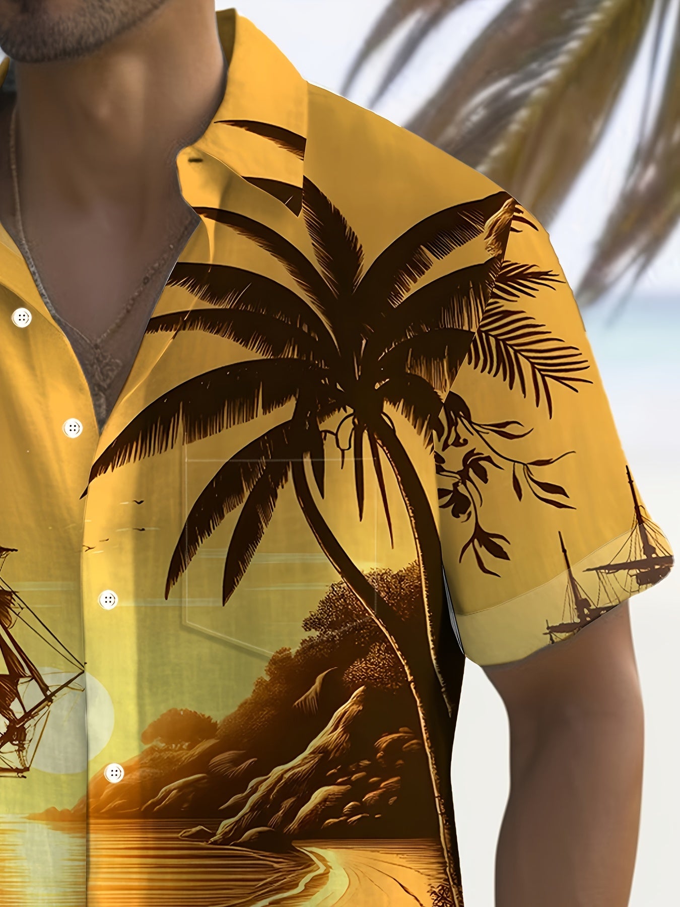 Men'S Hawaiian Sunset Sailboat 3D Digital Print Shirt, Polyester 100%,