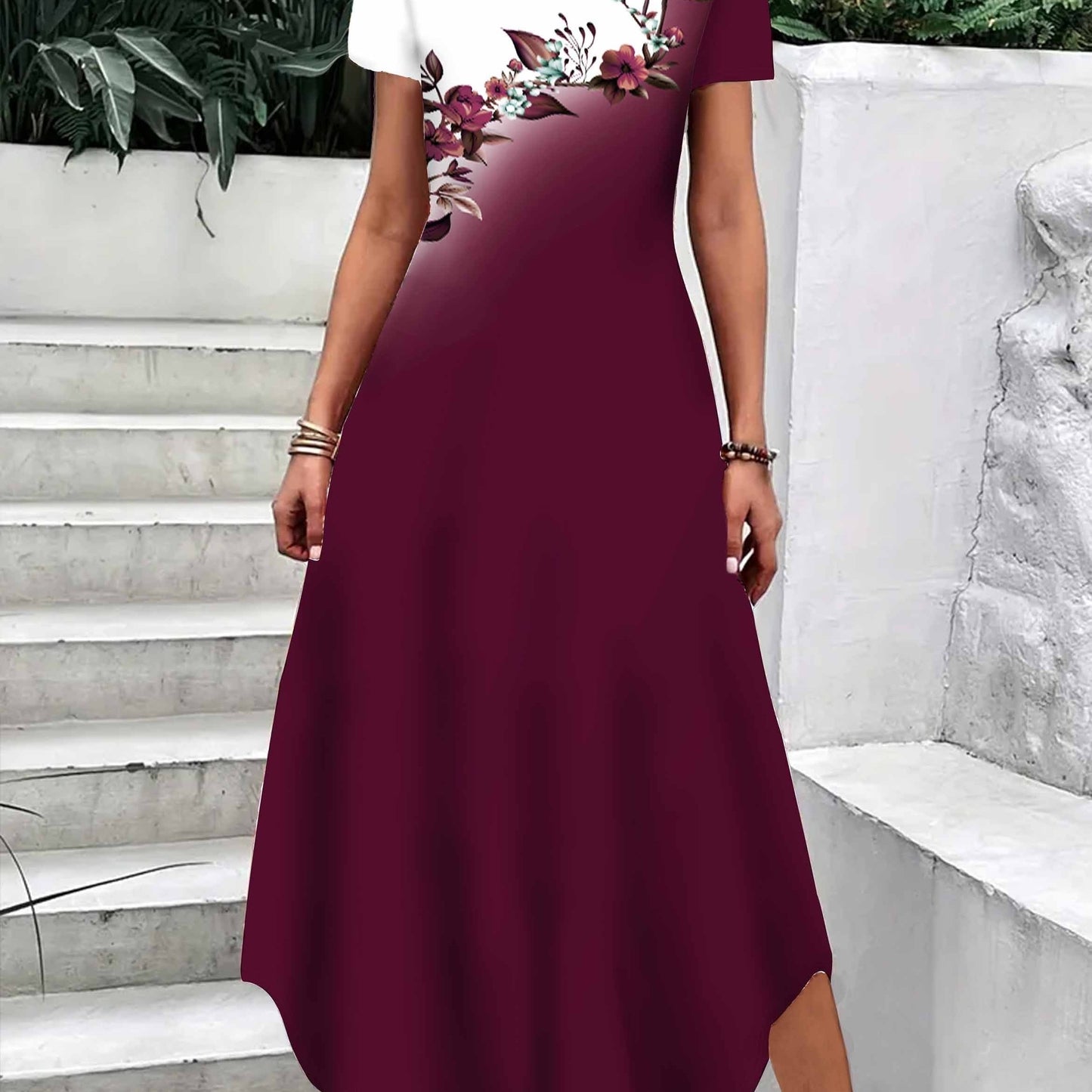 Floral Print Color Block Dress, Elegant Crew Neck Short Sleeve