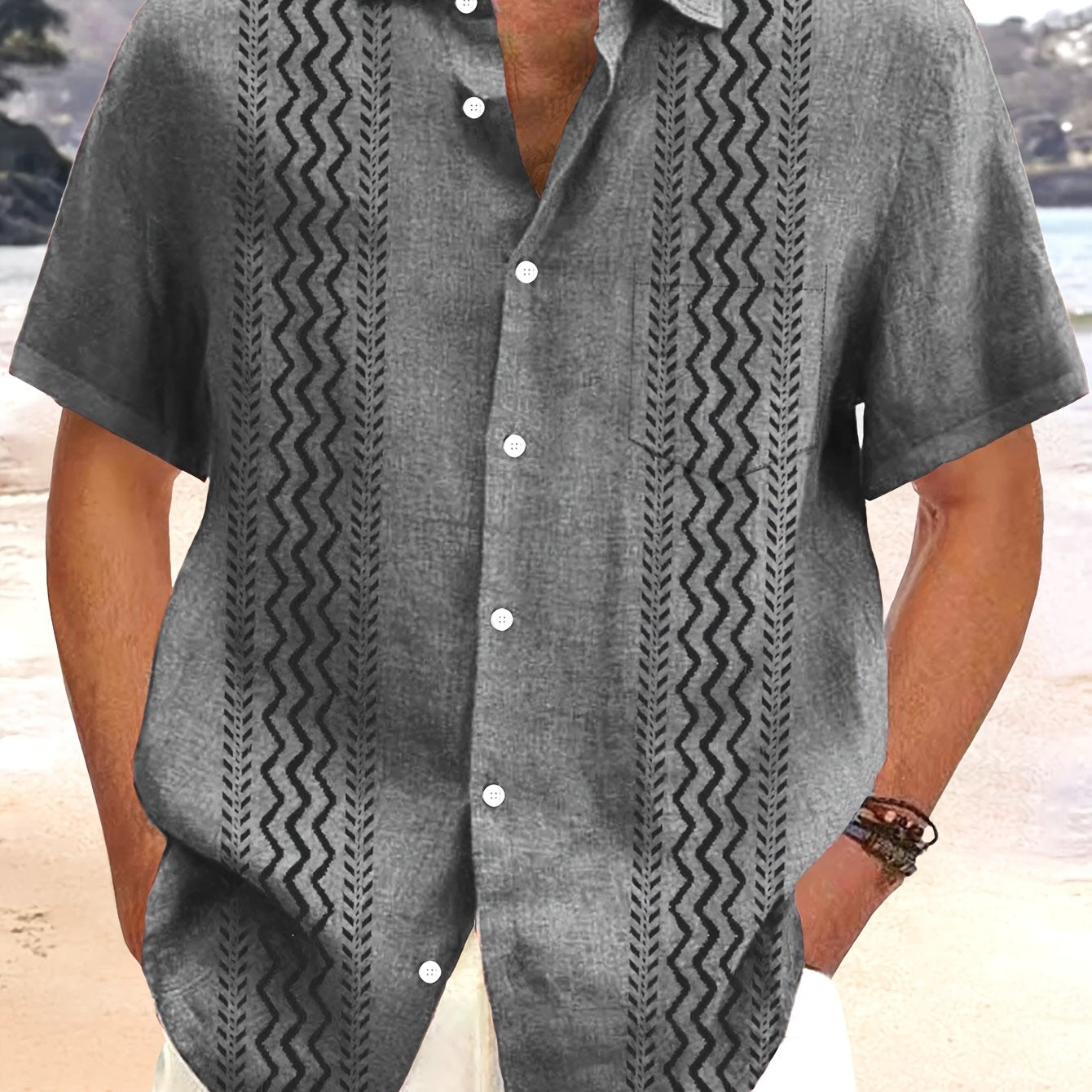 Men's Vintage Bohemian Geometric Print Short Sleeve Shirt with Button Pocket -