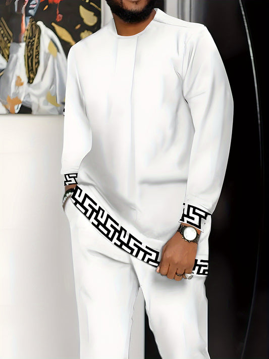 Men'S All-Season Casual Crew Neck Long-Sleeve Trousers, Geometric Pattern Knit Polyester