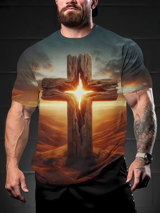 Men's Casual Cross Print T-Shirt - Short Sleeve, Round Neck,