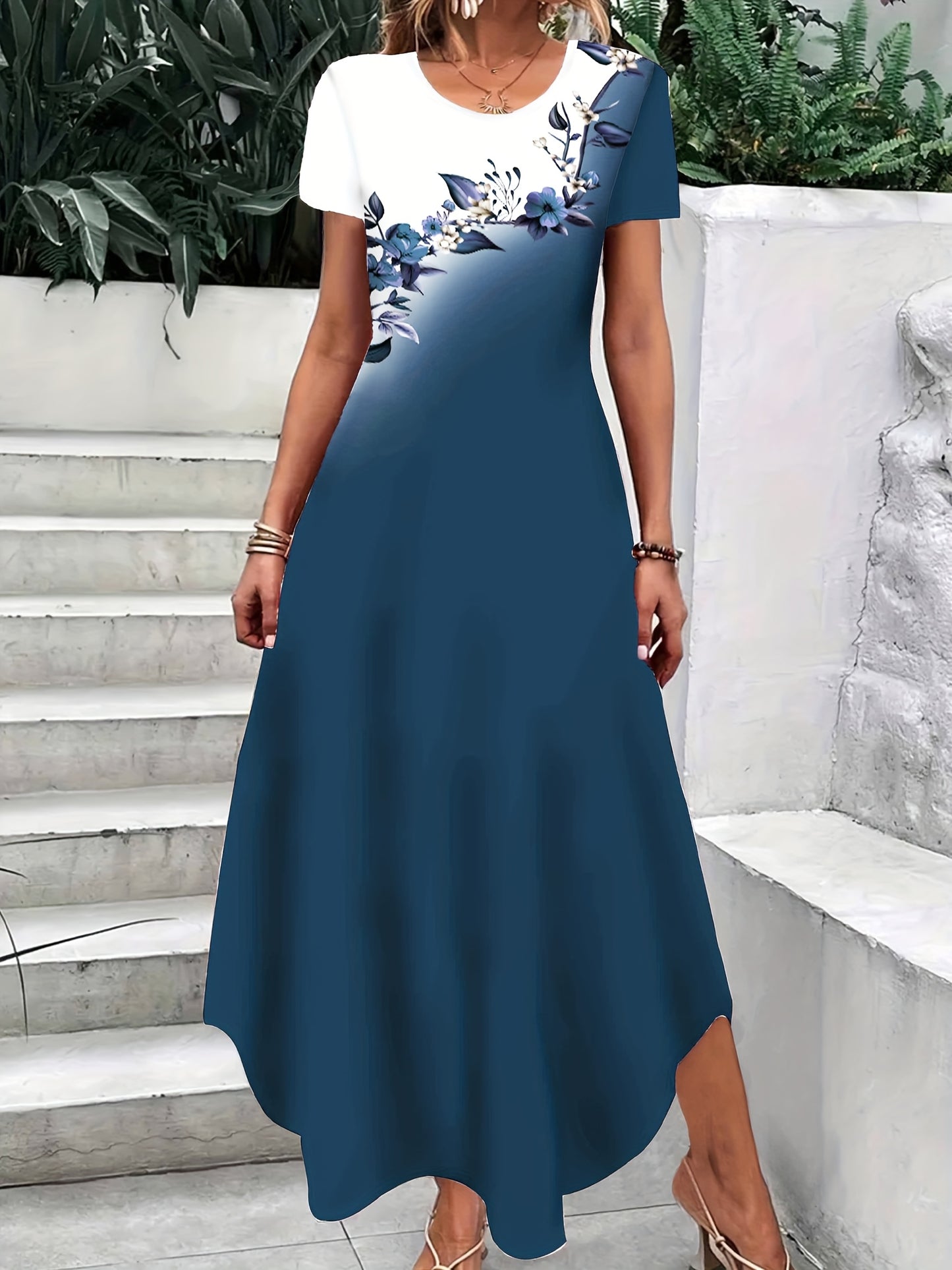 Floral Print Color Block Dress, Elegant Crew Neck Short Sleeve